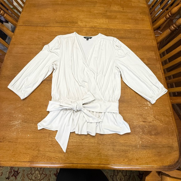 Lauren Ralph Lauren Jersey Ivory Wrap Blouse L - Picture 3 of 7